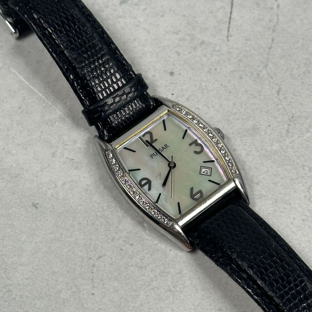 Pulsar Watch Womens 31mm Pave Bezel MOP Dial Date Black Band New Battery READ